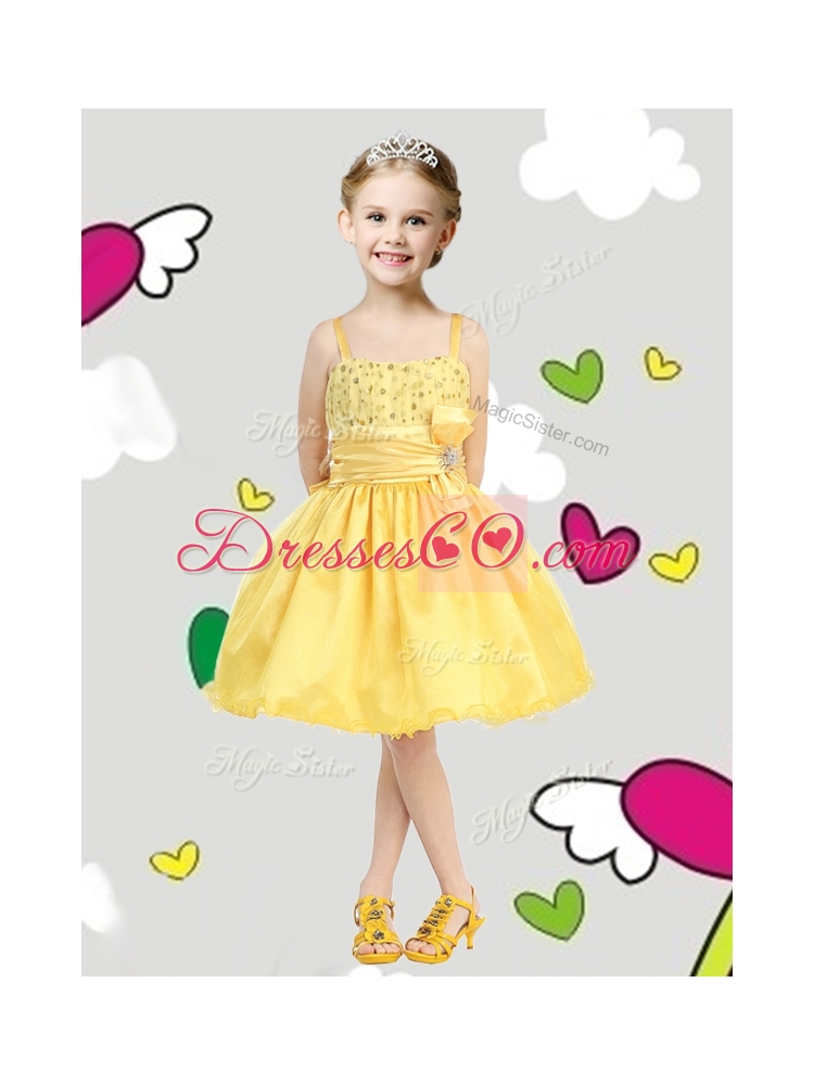 Perfect Spaghetti Straps Belt and Sequins Little Girl Pageant Dress in Yellow
