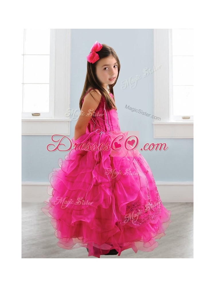 Popular Spaghetti Straps Lace and Ruffled Layers Little Girl Pageant Dress in Hot Pink