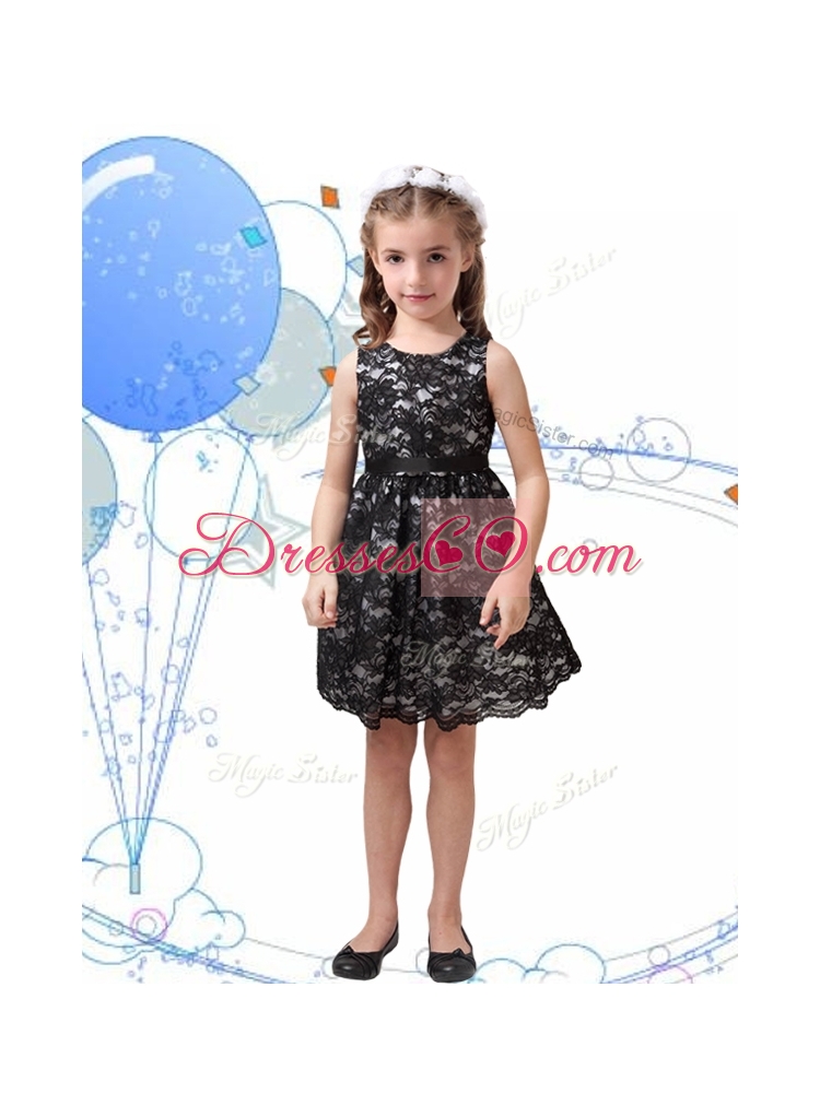 Romantic Scoop Black Little Girl Pageant Dress with Sashes and Lace