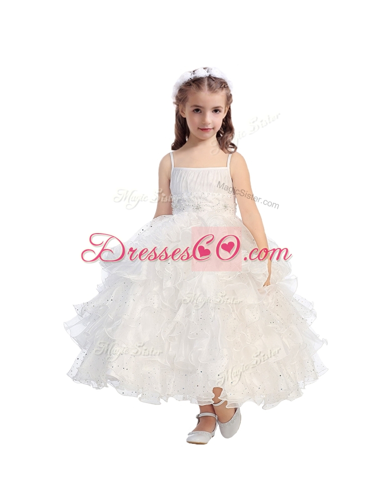Romantic Spaghetti Straps Little Girl Pageant Dress with Beading and Ruffled Layers
