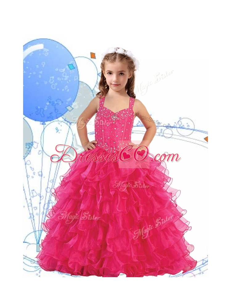 Romantic Straps Little Girl Pageant Dress with Beading and Ruffled Layers