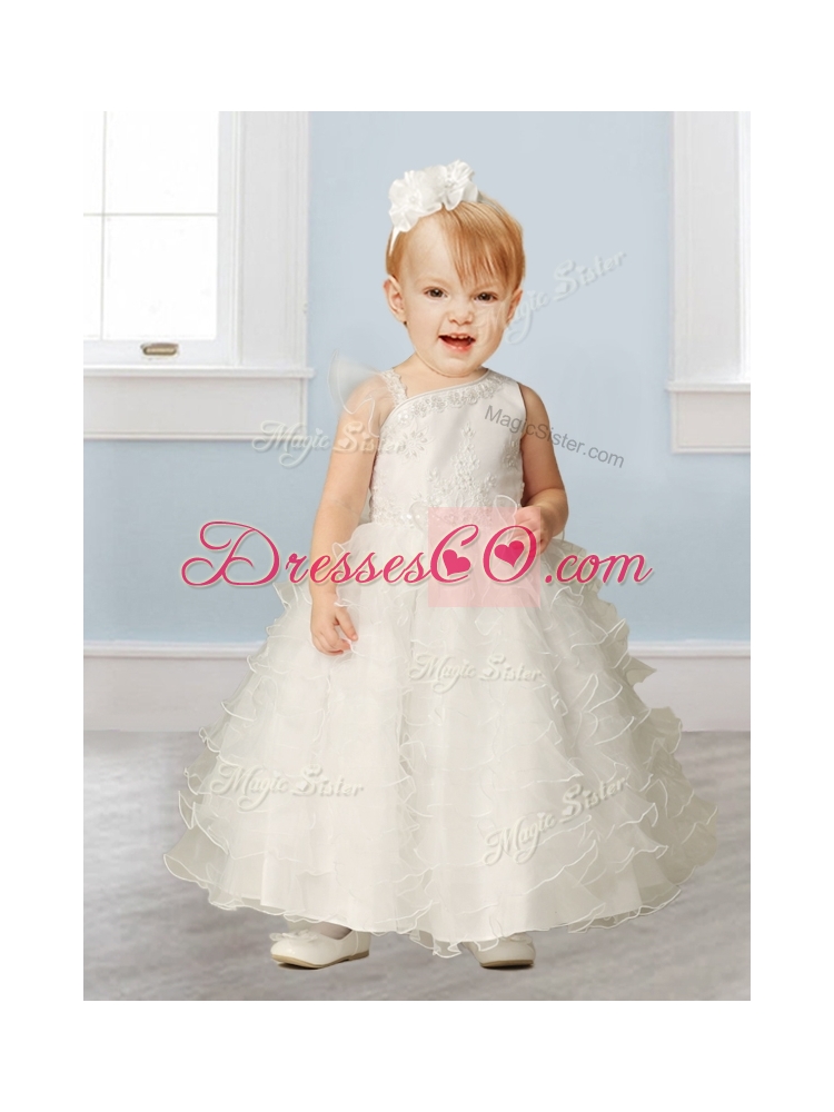 Sweet Asymmetrical Neckline Flower Girl Dress with Appliques and Ruffled Layers
