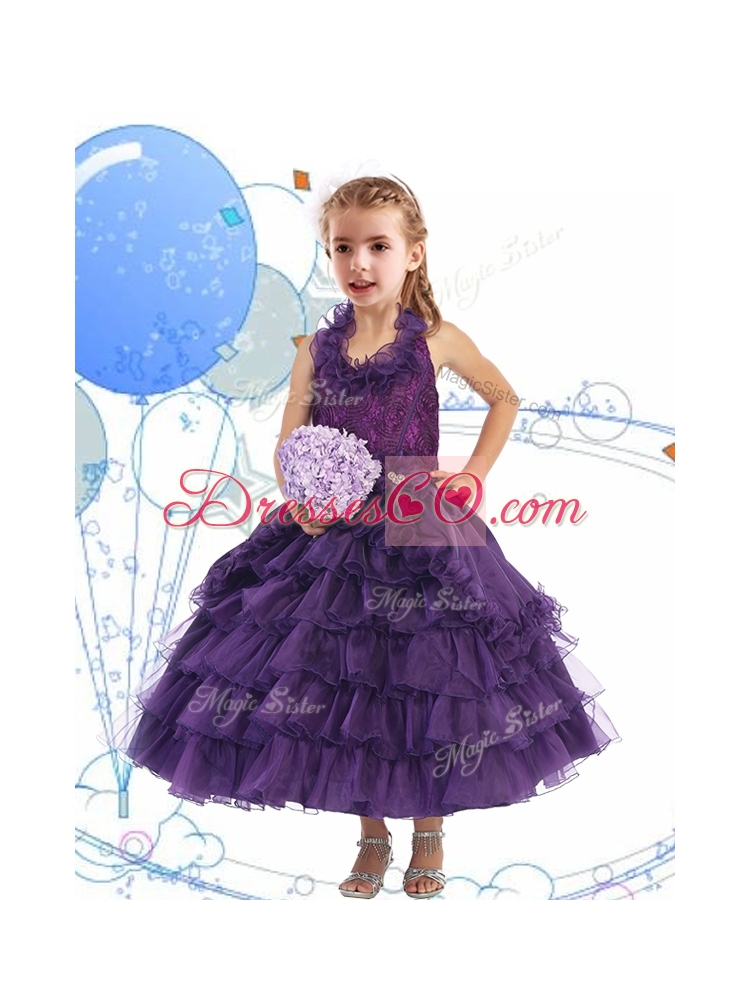 Unique Halter Top Little Girl Pageant Dress with Ruffled Layers