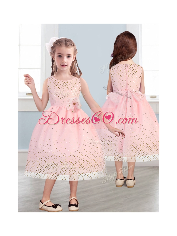 Beautiful Scoop Girls Party Dress with Hand Made Flowers and Sequins