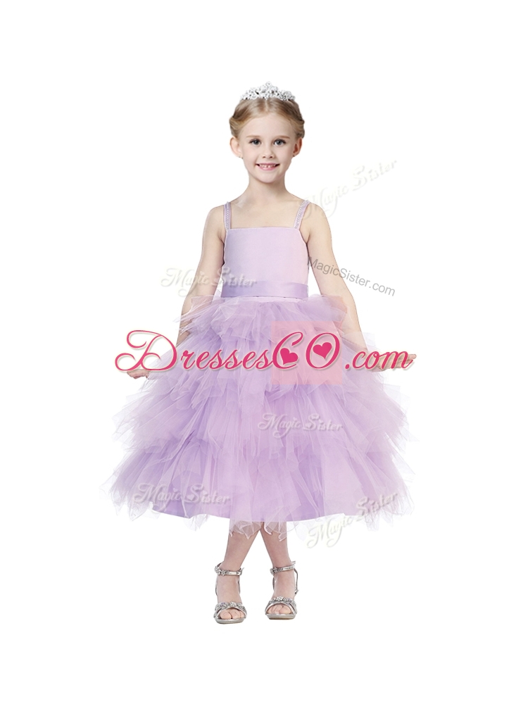 Beautiful Spaghetti Straps Lavender Girls Party Dress with Beading and Ruffled Layers