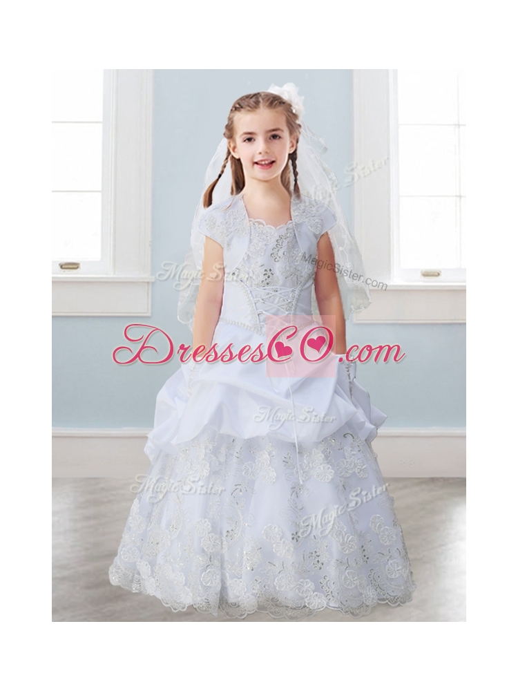 Spaghetti Straps Flower Girl Dress with Lace and Pick Ups