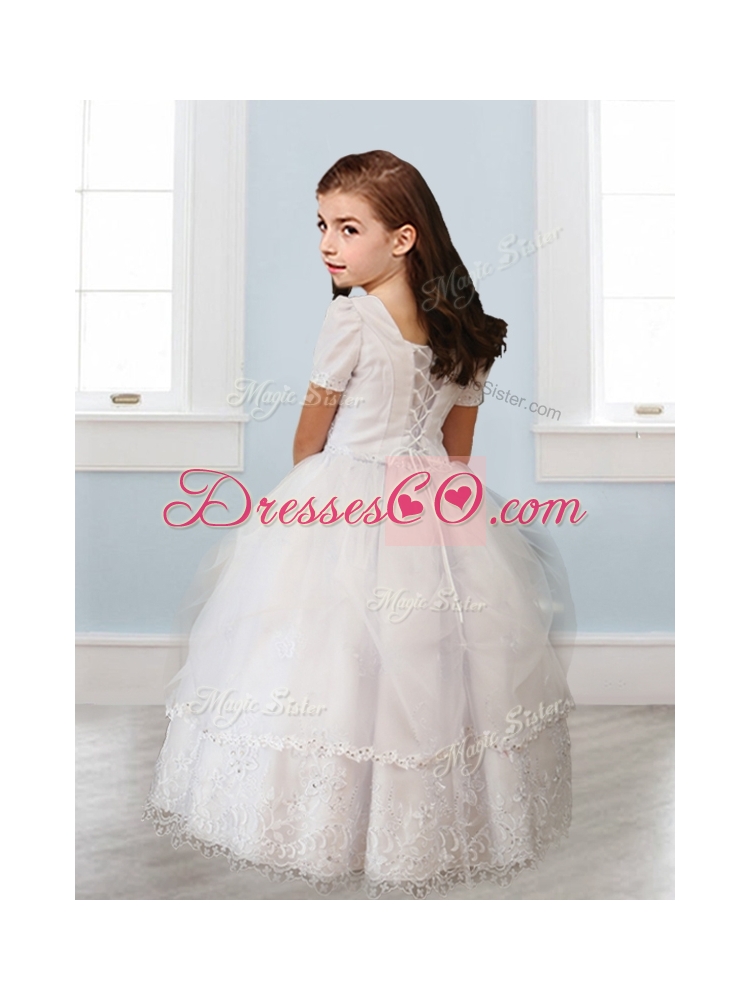 Square Short Sleeves White Girls Party Dress with Beading and Appliques