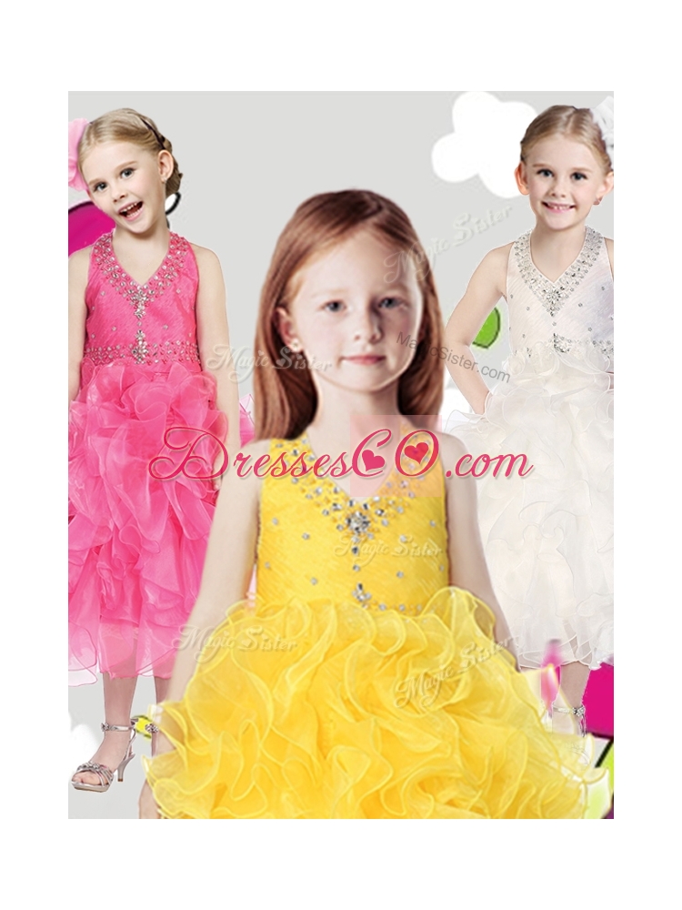 Cheap Halter Top Girls Party Dress with Beading and Ruffles
