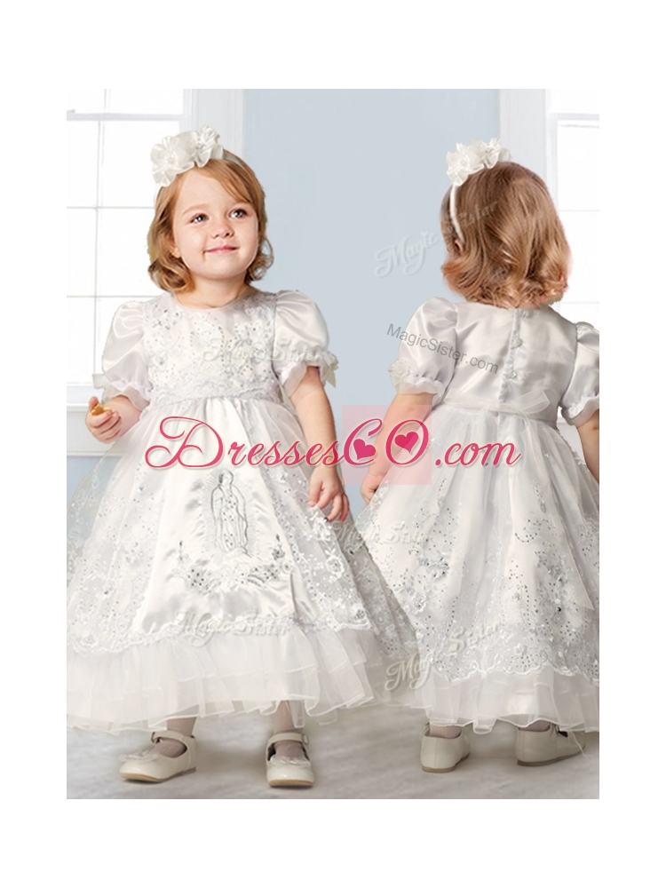Discount Scoop Short Sleeves Flower Girl Dress with Embroidery and Lace