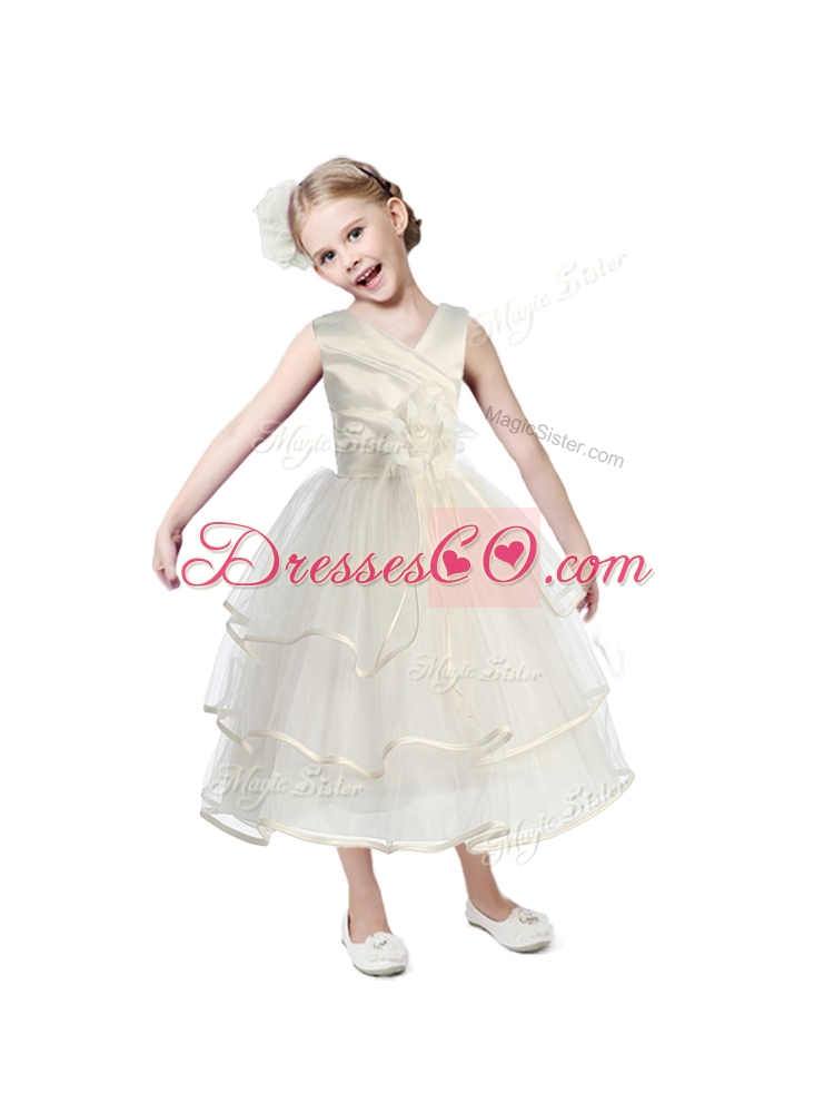 Fashionable V Neck Little Girl Pageant Dress with Hand Made Flowers and Ruffled Layers