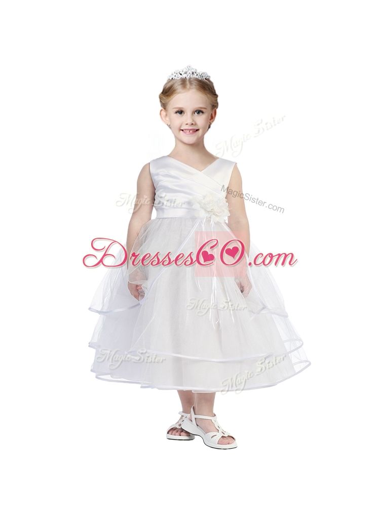 Fashionable V Neck Little Girl Pageant Dress with Hand Made Flowers and Ruffled Layers