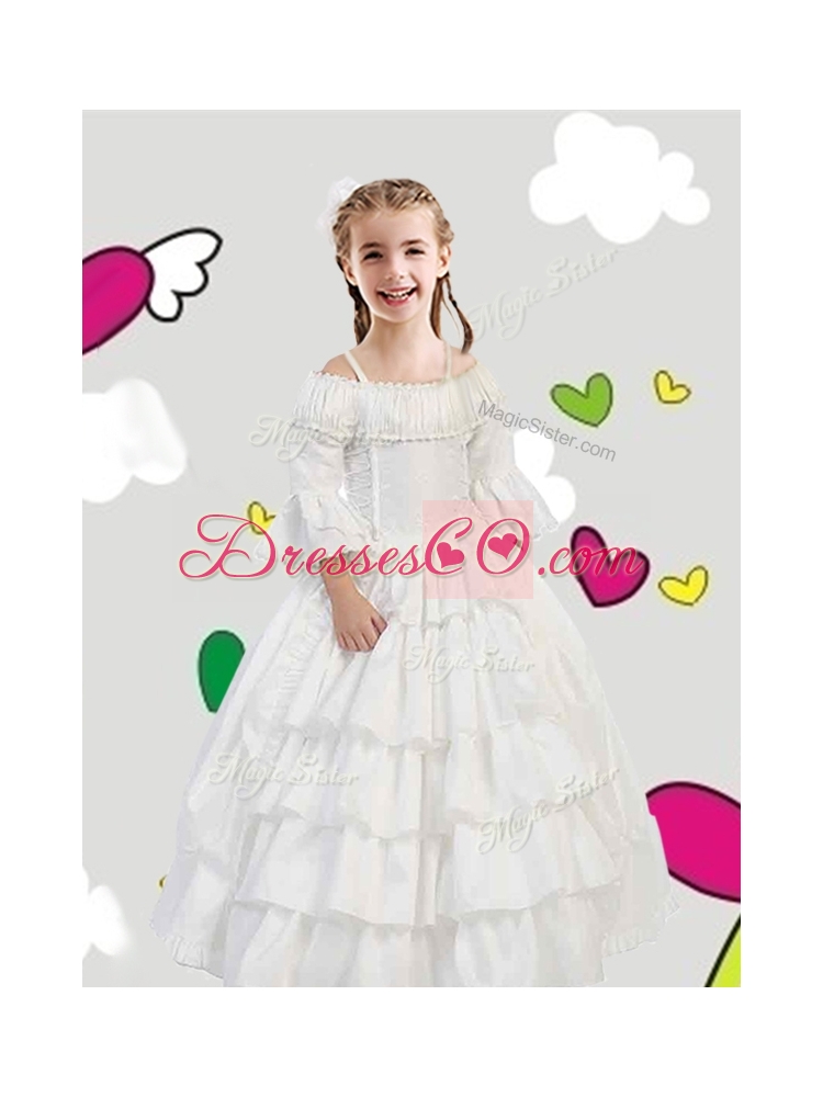 Gorgeous Spaghetti Straps Three Fourth Length Sleeves Girls Party Dress with Lace and Ruffled Layers