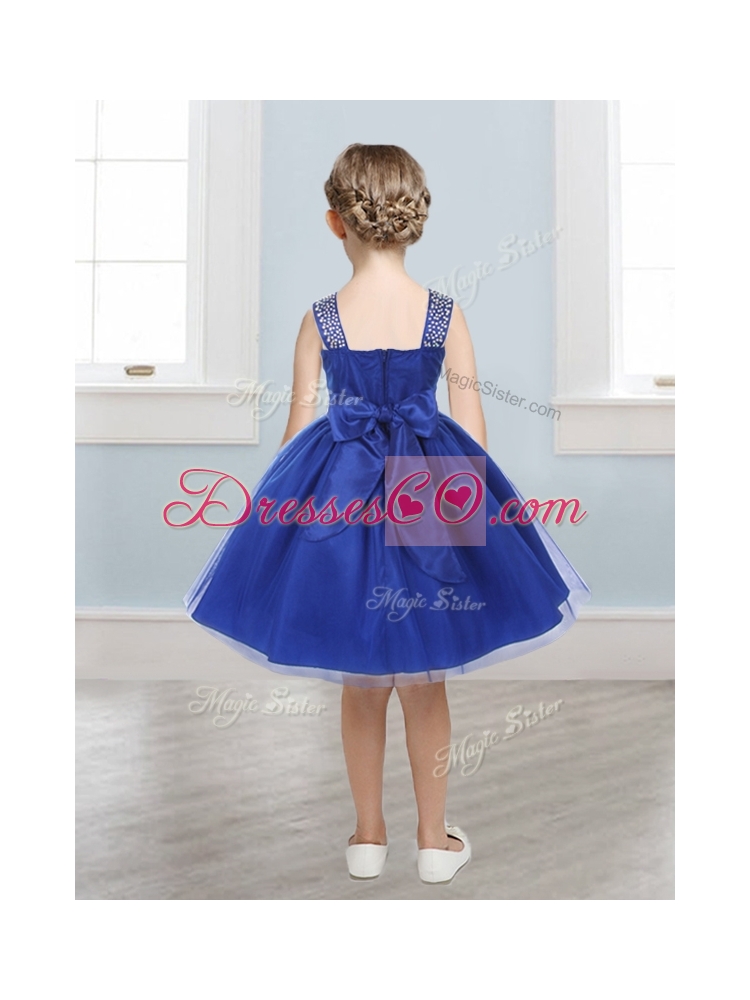 Gorgeous Straps Beading and Bowknot Girls Party Dress in Mini Length