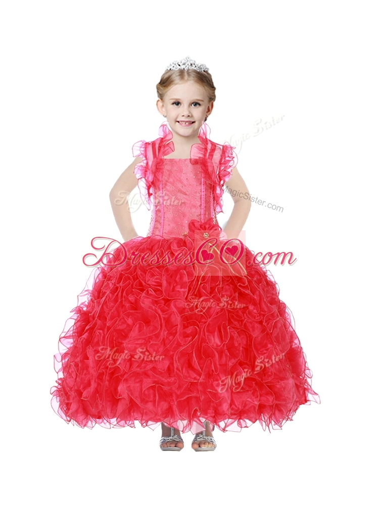 Inexpensive Straps Girls Party Dress with Hand Made Flowers and Ruffles