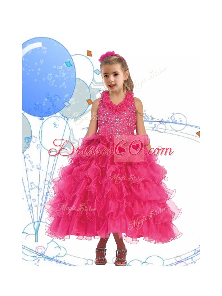 Latest Halter Top Beading and Ruffled Layers Girls Party Dress in Hot Pink