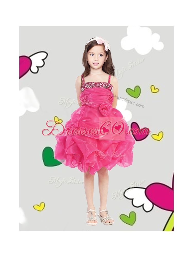 Latest Spaghetti Straps Girls Party Dress with Hand Made Flowers and Pick Ups