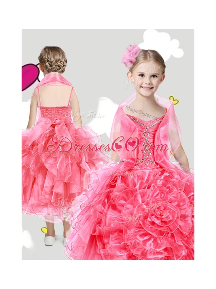 Lovely Spaghetti Straps Girls Party Dress with Beading and Rolling Flowers