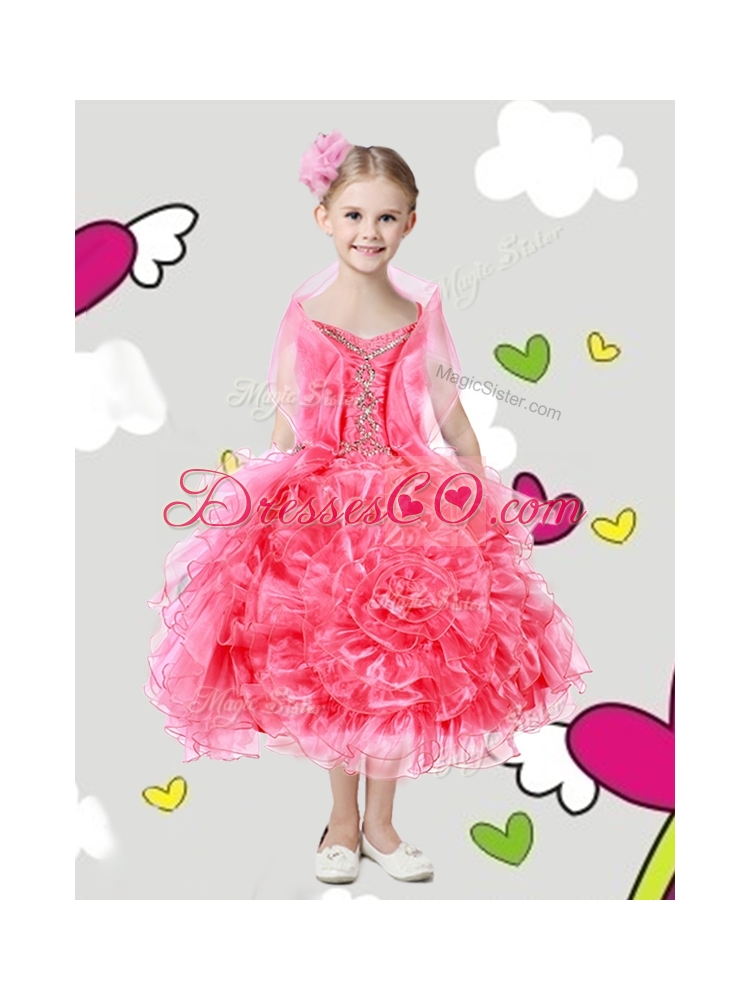 Lovely Spaghetti Straps Girls Party Dress with Beading and Rolling Flowers