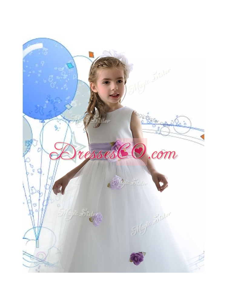 Luxurious Scoop White Girls Party Dress with Sashes and Hand Made Flowers