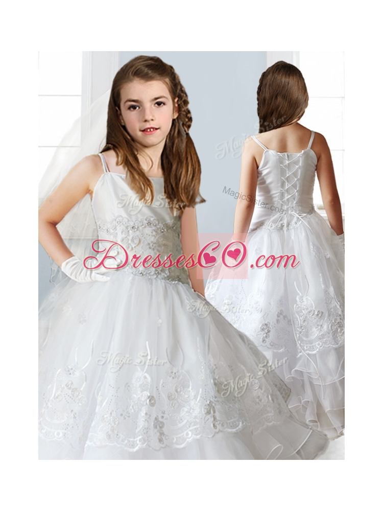 Luxurious White Spaghetti Straps Girls Party Dress with Appliques and Ruffled Layers