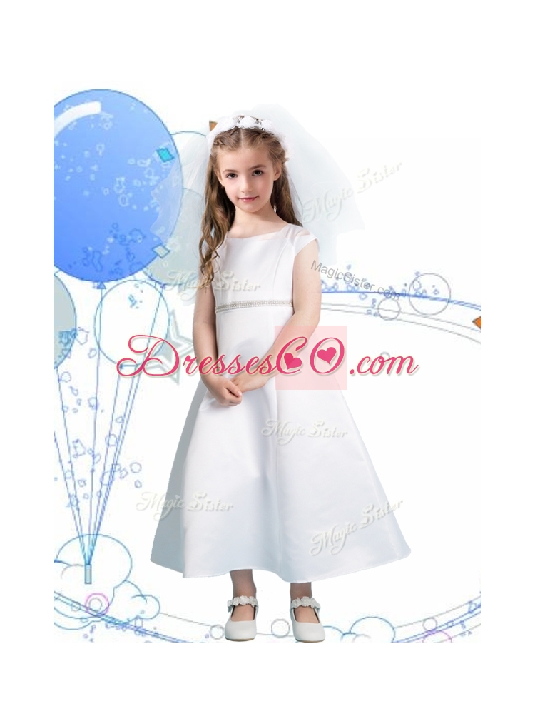 Modest Scoop Cap Sleeves Satin Flower Girl Dress with Sashes
