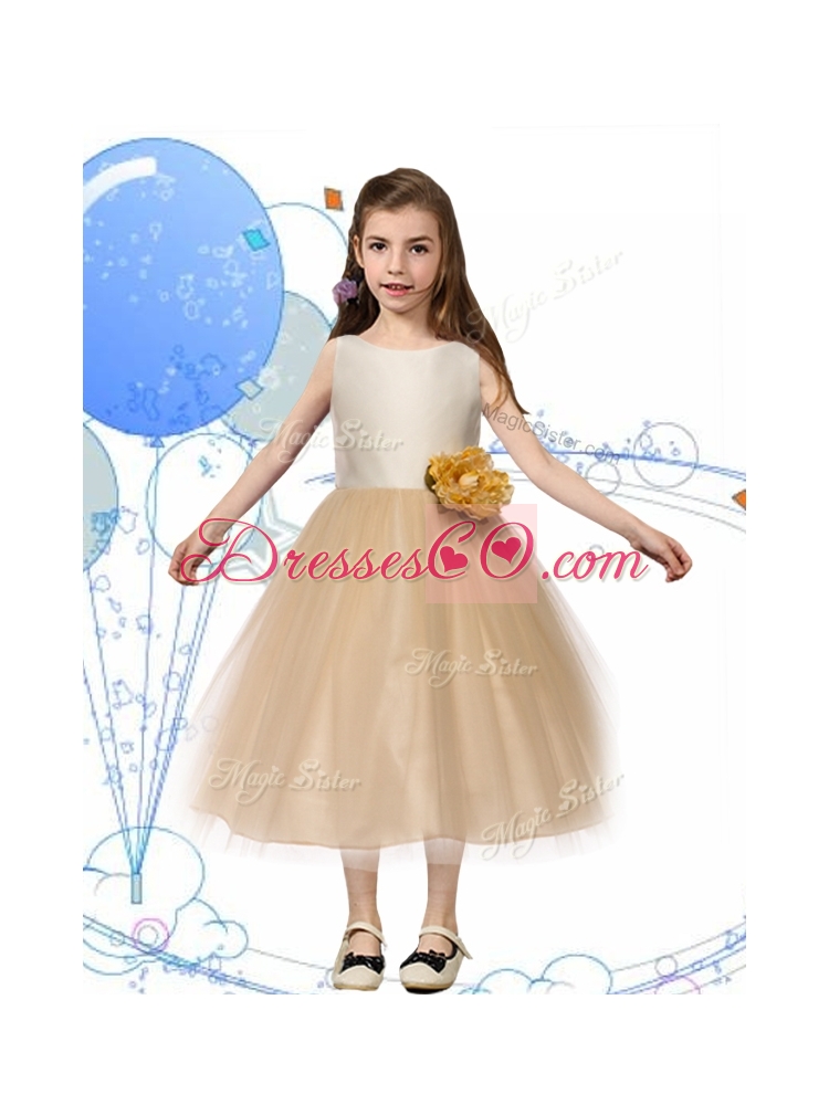 New Scoop Champagne Girls Party Dress with Hand Made Flowers and Bowknot