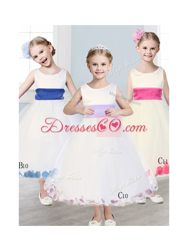 New Scoop Tulle Girls Party Dress with Sashes and Appliques