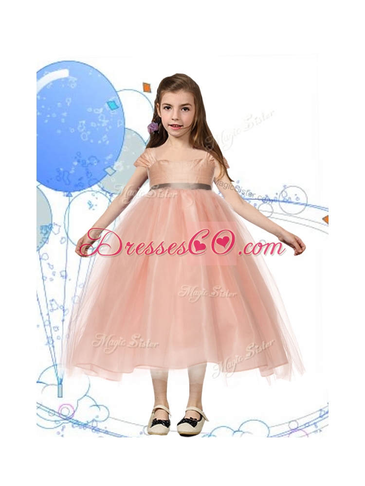 Perfect Square Cap Sleeves Sashes Girls Party Dress in Peach