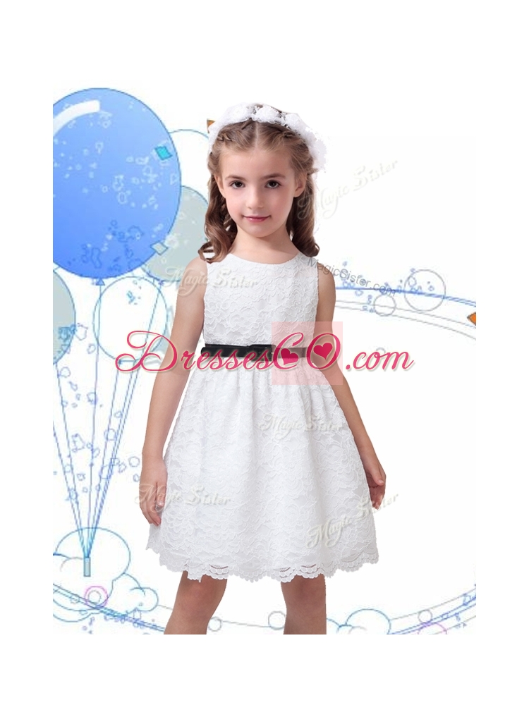 Popular Laced Scoop Girls Party Dress with Black Sashes