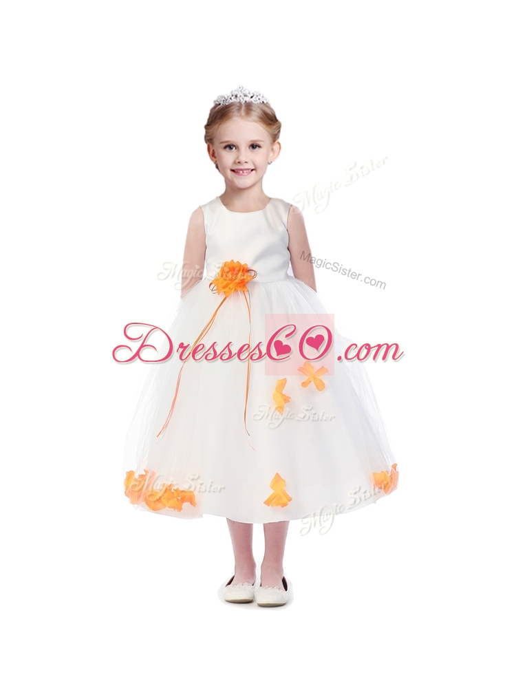 Popular Scoop Girls Party Dress with Orange Red Hand Made Flowers