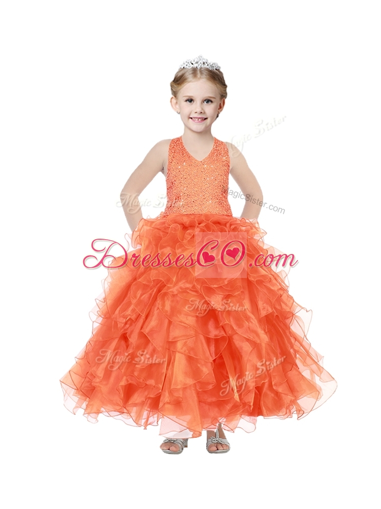 Popular V Neck Sequins and Ruffles Girls Party Dress in Organza