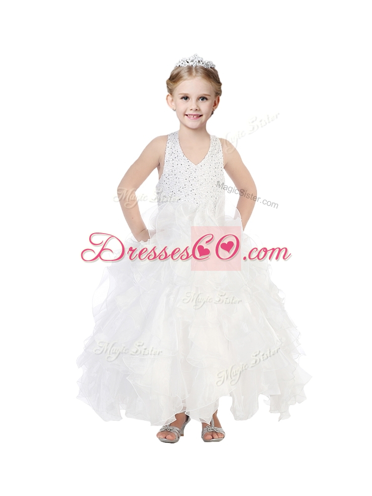 Popular V Neck Sequins and Ruffles Girls Party Dress in Organza