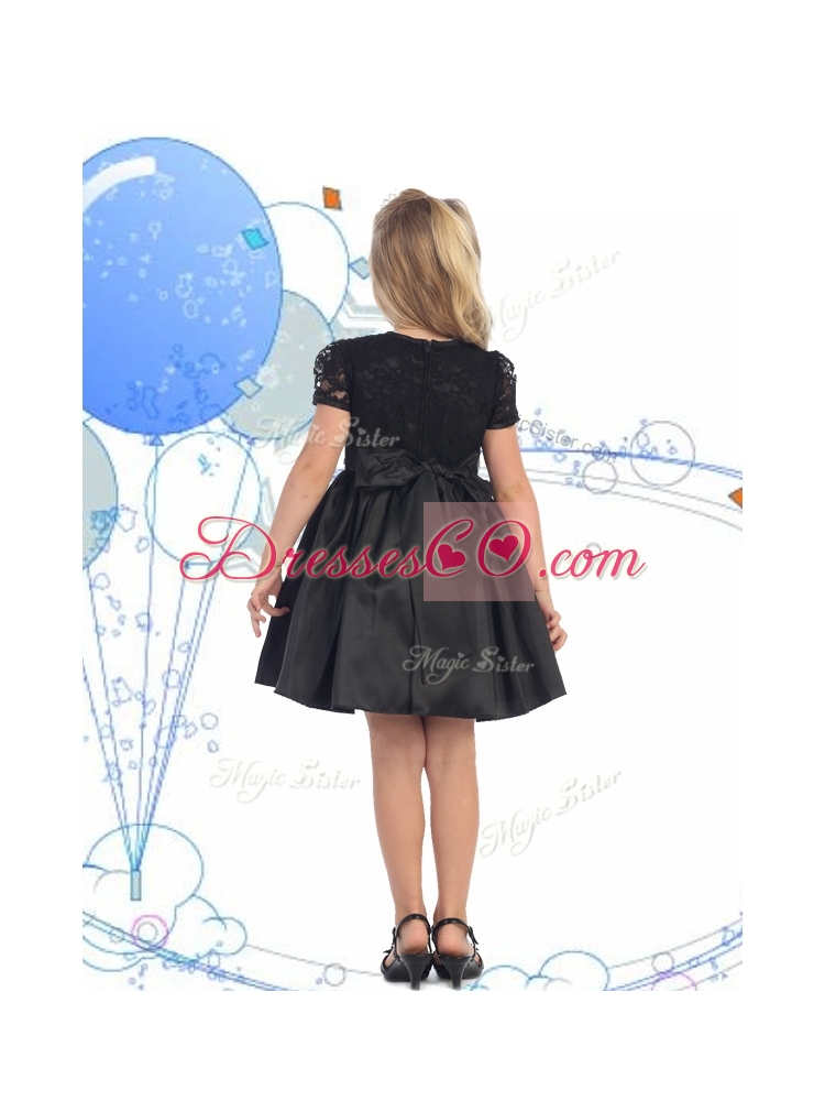 See Through Scoop Short Sleeves Lace and Belt Girls Party Dress in Black