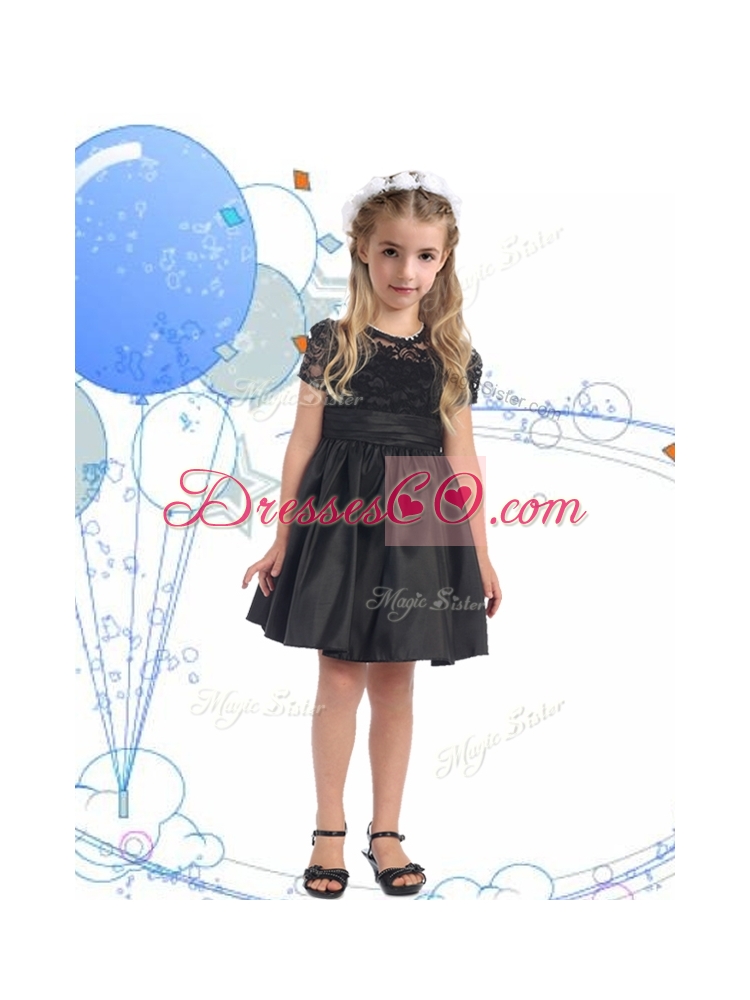 See Through Scoop Short Sleeves Lace and Belt Girls Party Dress in Black