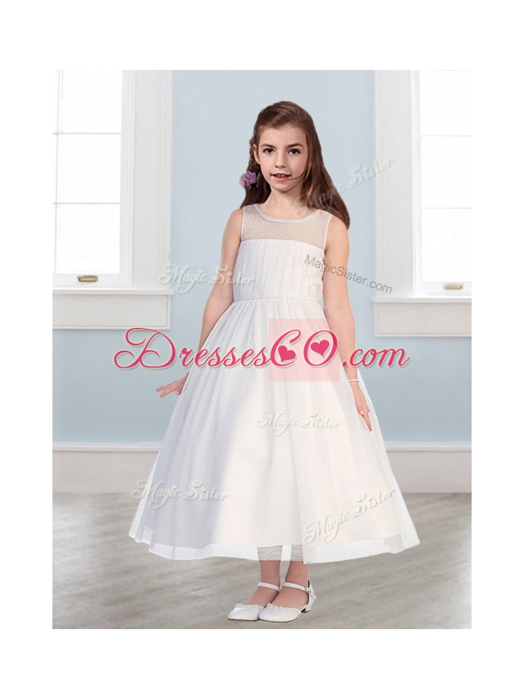 See Through Scoop Tulle Flower Girl Dress with Beading