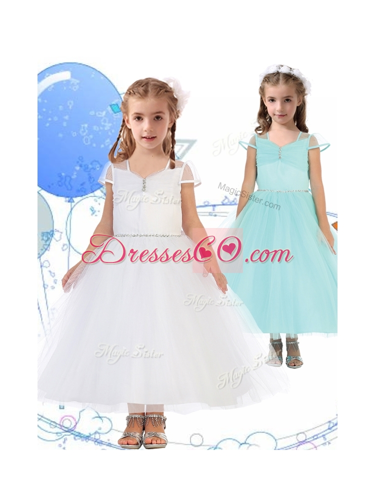 See Through Square Cap Sleeves Girls Party Dress with Beading