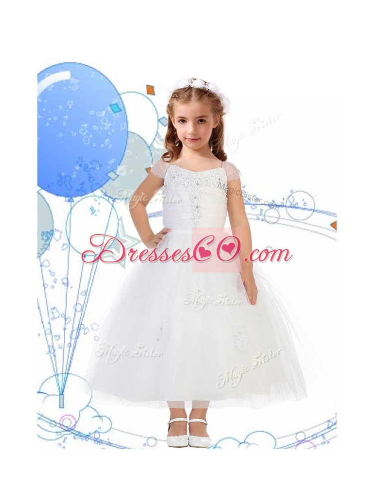 Top Square Cap Sleeves Appliques Girls Party Dress in White
