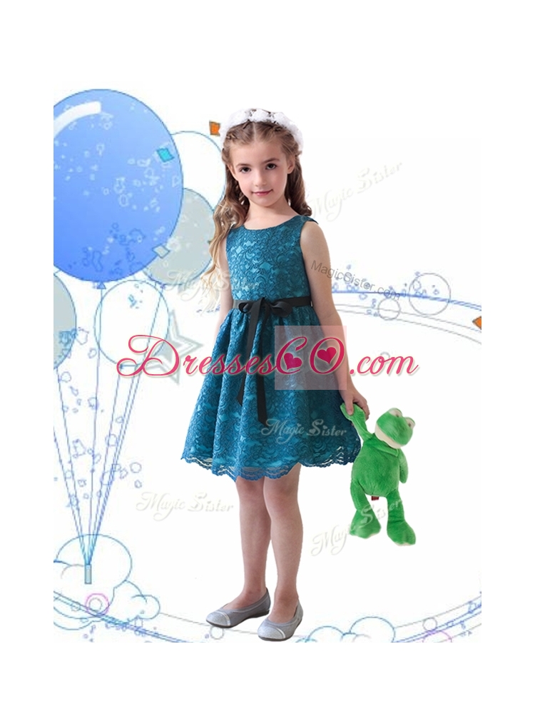 Wonderful Laced and Sashed Scoop Girls Party Dress in Teal