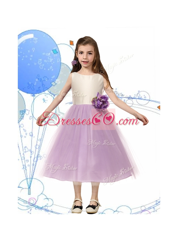 Wonderful Scoop Girls Party Dress with Hand Made Flowers and Bowknot