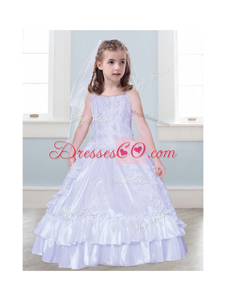 Classical Spaghetti Straps Taffeta Flower Girl Dress with Beading and Lace