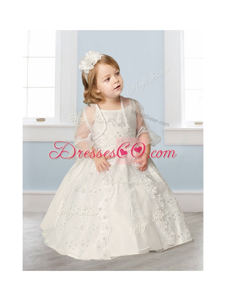 Perfect Spaghetti Straps Beading and Appliques Flower Girl Dress in Champagne