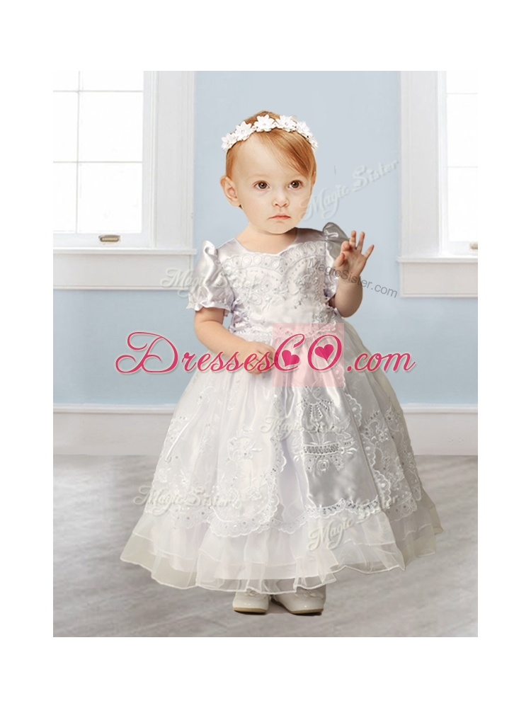 Popular Scoop Short Sleeves Flower Girl Dress with Beading and Appliques