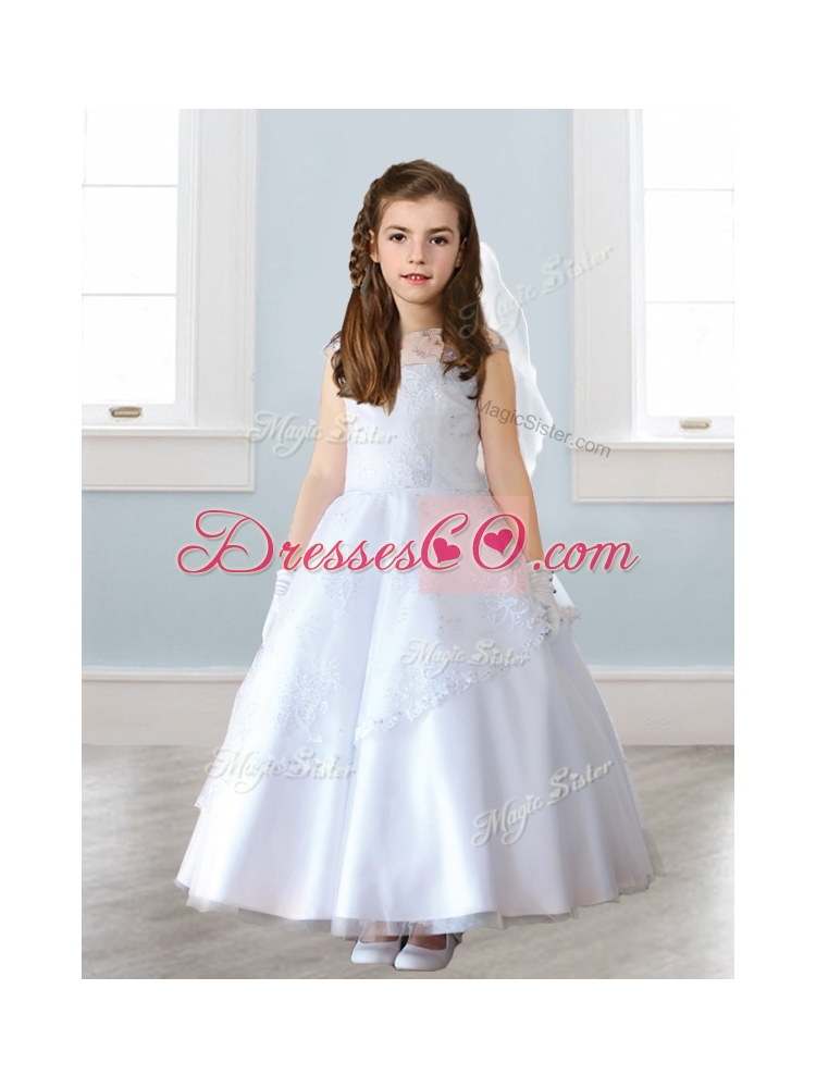 See Through Scoop Cap Sleeves Flower Girl Dress with Lace