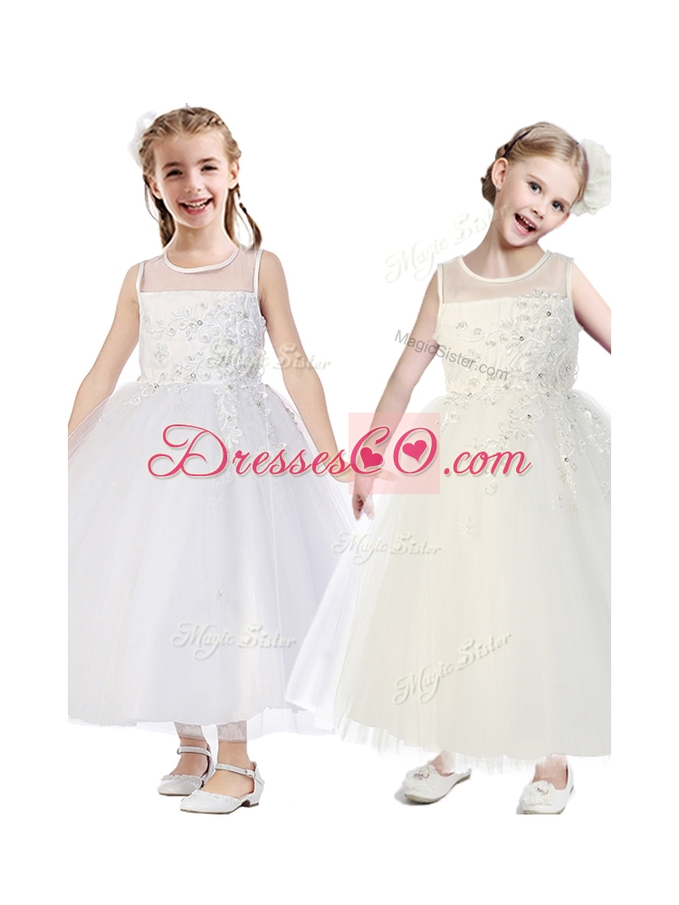 See Through Scoop Tulle Flower Girl Dress with Appliques and Beading