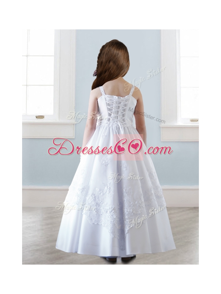 Top Spaghetti Straps White Flower Girl Dress with Appliques