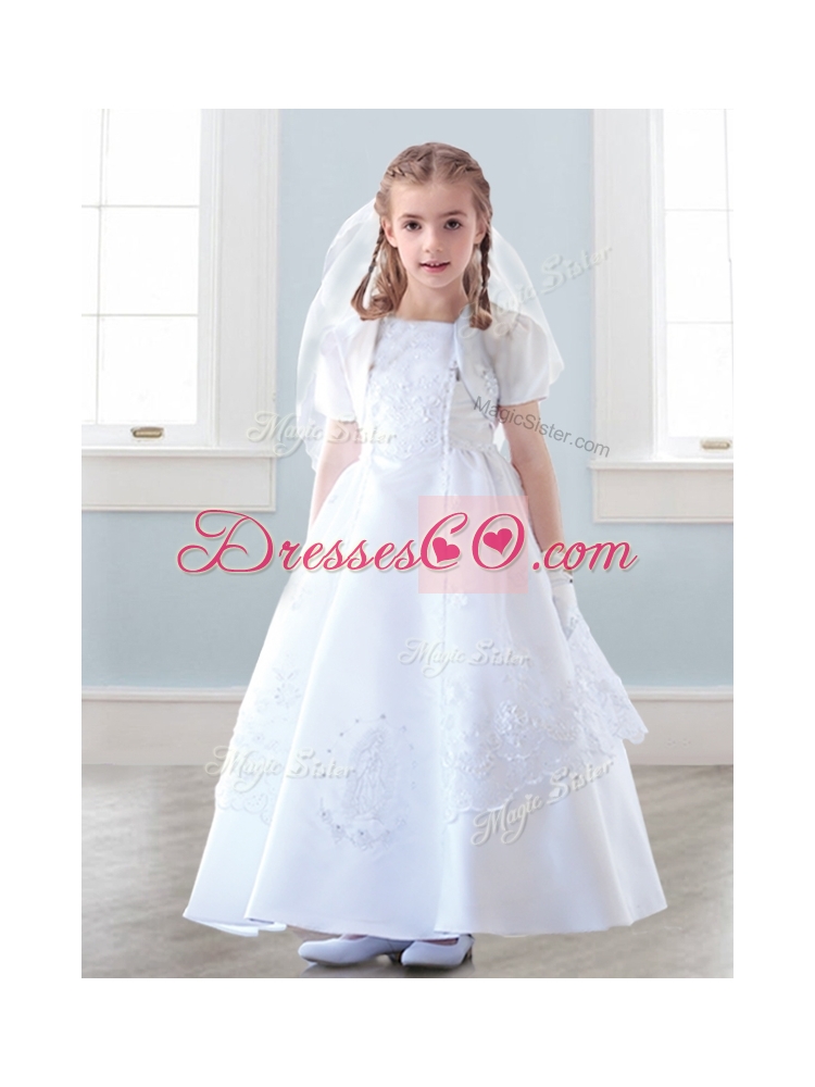 Top Spaghetti Straps White Flower Girl Dress with Appliques