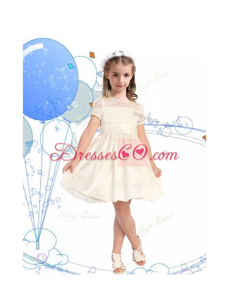 Classical Scoop Short Sleeves Champagne Flower Girl Dress with Lace and Belt