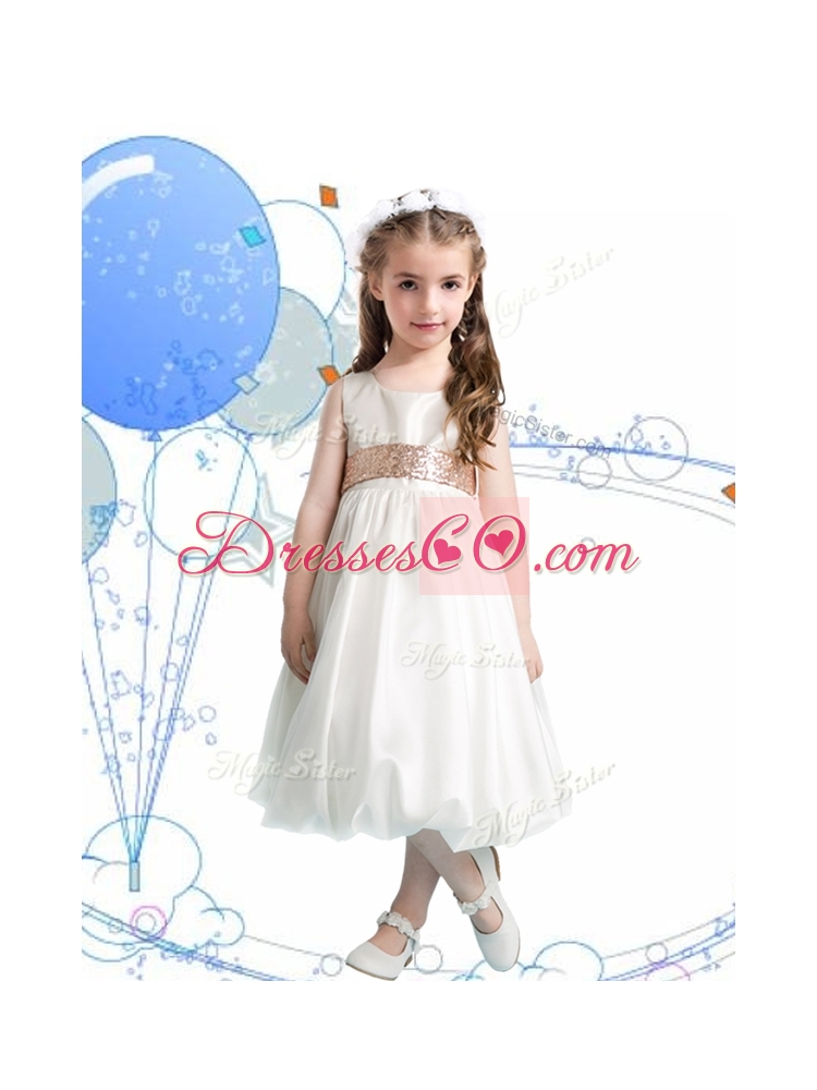 Gorgeous Scoop Sequins Flower Girl Dress in White for Spring