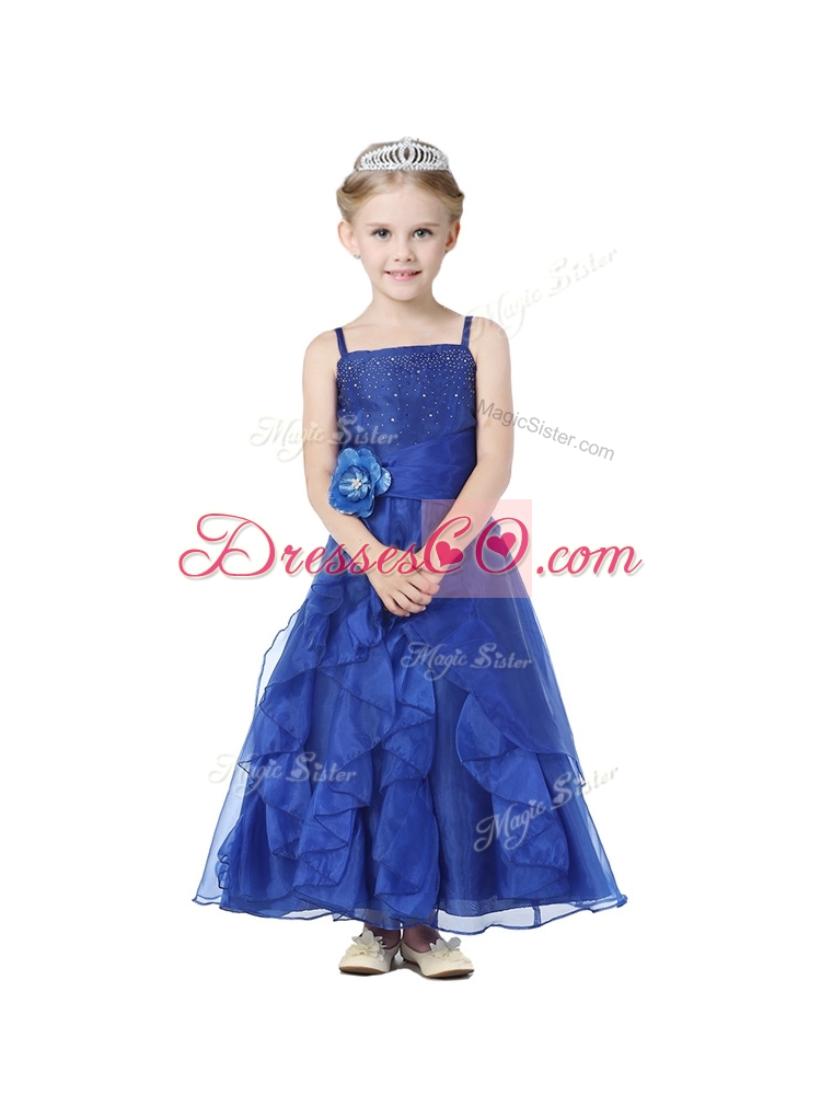 Gorgeous Spaghetti Straps Hand Made Flowers and Ruffles Flower Girl Dress in Organza