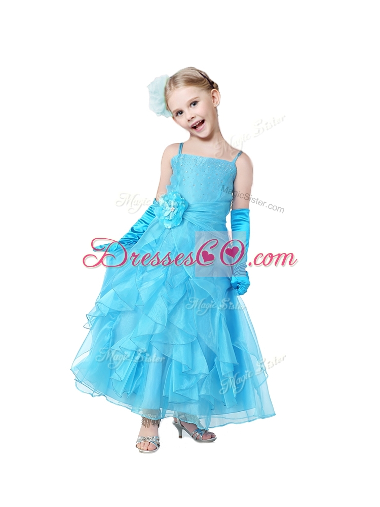 Gorgeous Spaghetti Straps Hand Made Flowers and Ruffles Flower Girl Dress in Organza